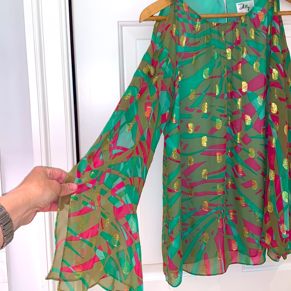 Milly New York Blouse Resort Silk Tropical Green Pink Gold Womens Size 6 - Picture 12 of 16